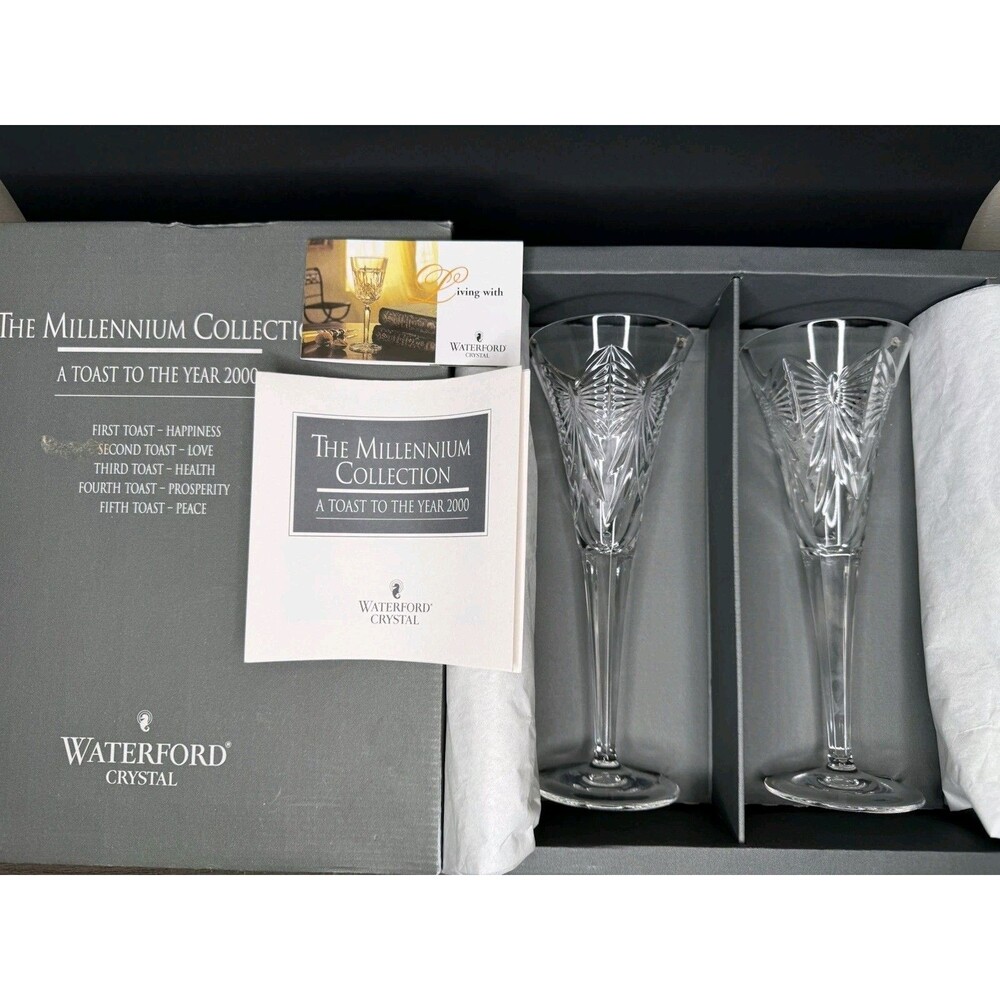 Waterford Crystal HAPPINESS Champagne Toasting Flutes Pair Millennium Collection